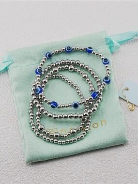 Silver Bead Stack Bracelet Set with Blue Evil Eye Accents